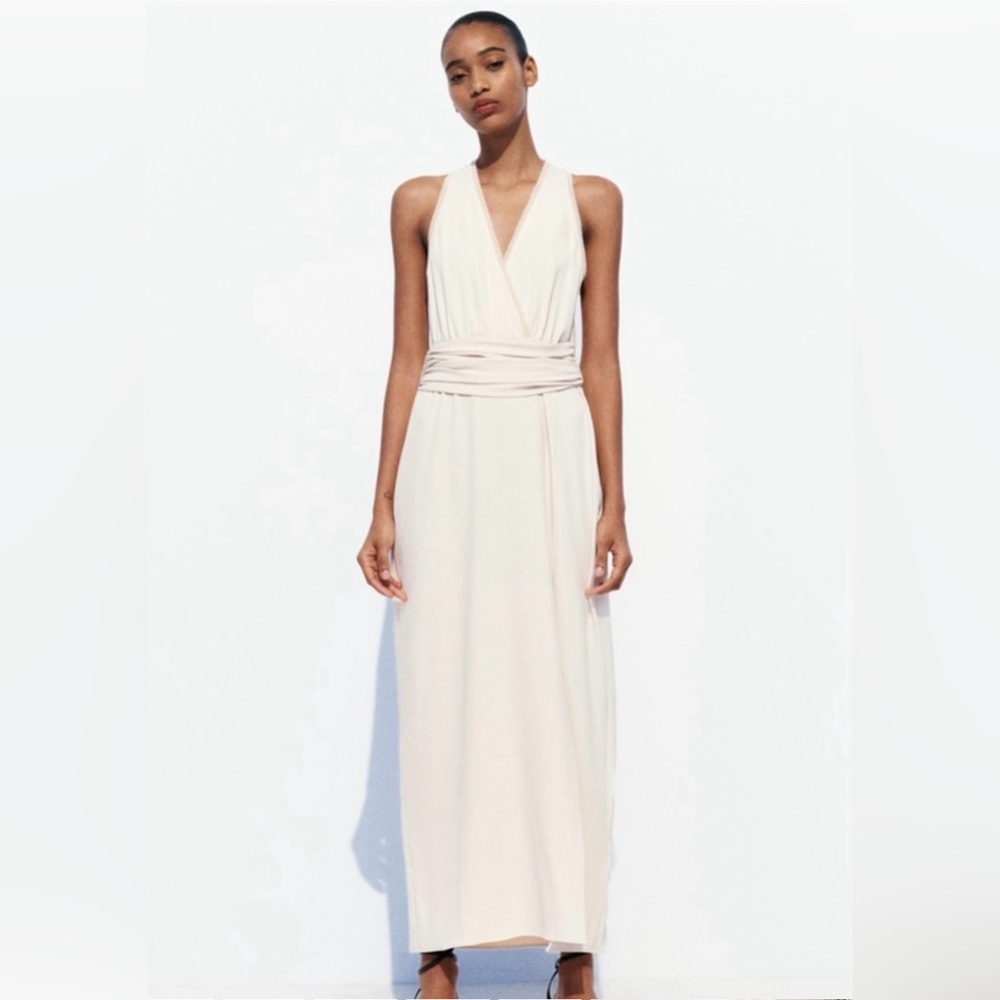 ZARA Ivory Mixed Semi-Sheer Long Slip Sleeveless Dress. NWT. Size M.